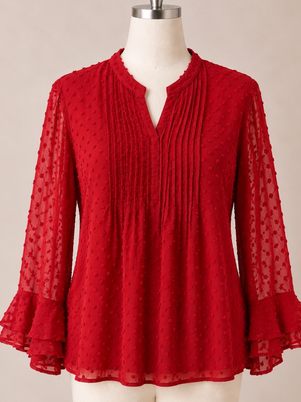 Charter Club Red Swiss Dot Pintuck Ruffle Sleeve Blouse